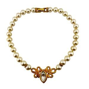 Vintage Swarovski Marquise Crystal Faux Pearl Knotted Rope 15" Choker Necklace
